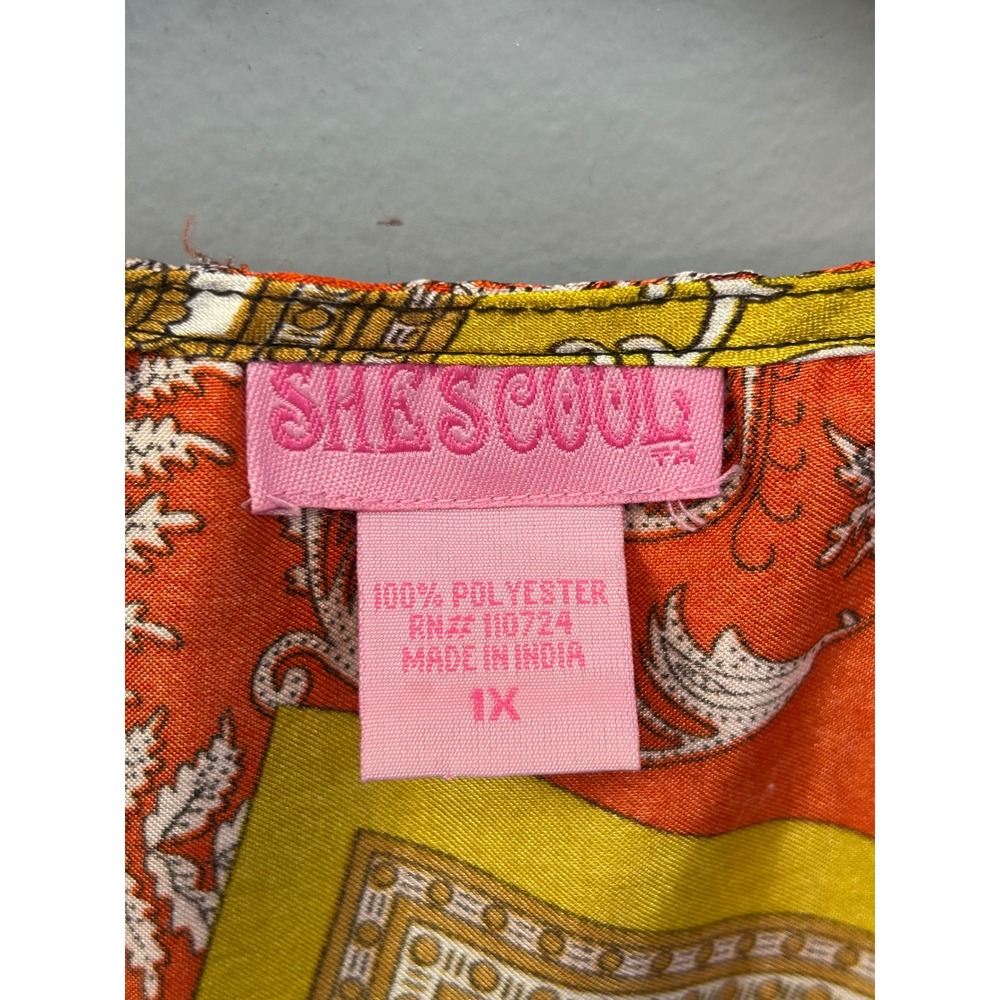 She's Cool Tunic Women 1X Orange Paisley Scarf Print V-Neck Empire Waist - Picture 4 of 6